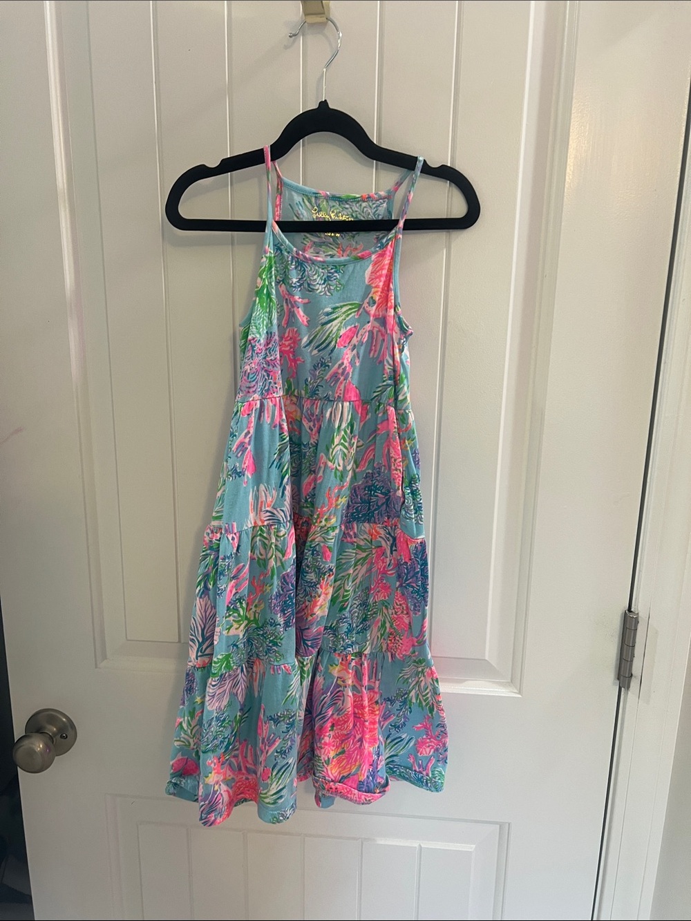 Lilly Pulitzer Girls' Tropical Tiered Sundress in Aqua, Pink & Green